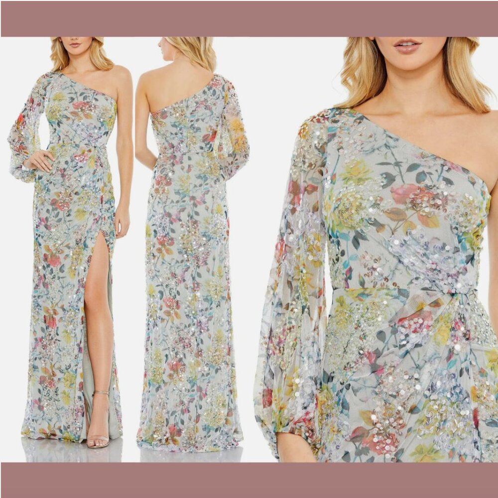NWT $598 Mac Duggal [ 12 ] Sequined Floral Print One Sleeve Faux Wrap Gown #Q710